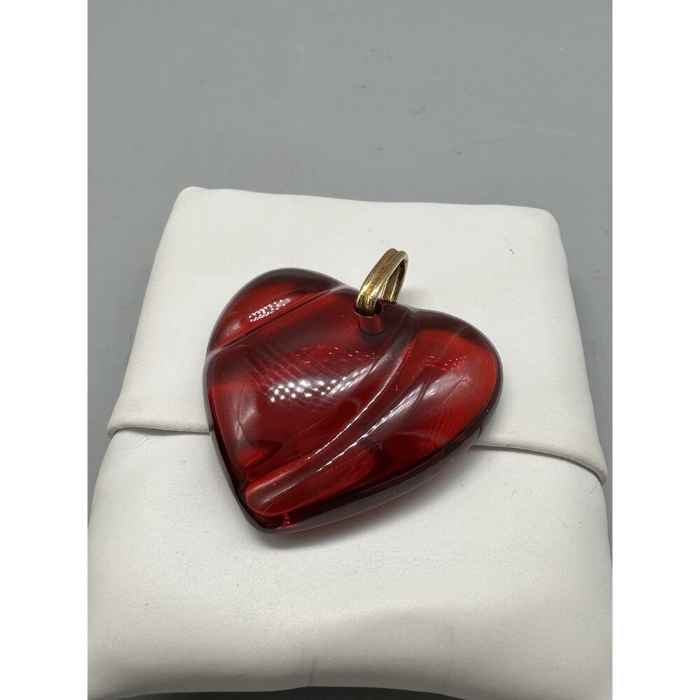 Baccarat France Puffy Wave Red Crystal Heart Pendant Gold Plated Bail READ - Picture 4 of 6